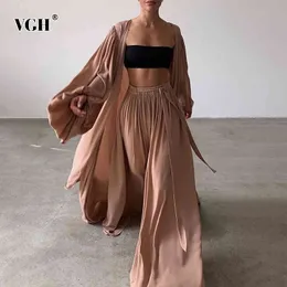 VGH Casual Three Piece Set For Women Short Vest Lantern Long Sleeve Coat High Waist Wide Leg Pants Sexy Sets Female Fashion 210421