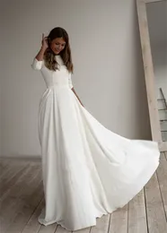 Prosta sukienka ślubna Długie rękawy Linia Crepe Szyja Łódź Eleganckie suknie ślubne z kieszeniami Plus Rozmiar Robe de Mariee