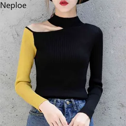 Turtleneck hängande nacke botten shealth tröja kvinnor pullover patch pull femme stickade vinterkläder 46571 210422