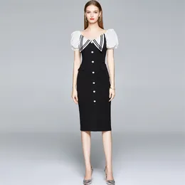 Fashion Sexy Female Summer Dress For Women V Neck Puff Short Sleeve High Waist Single-Breasted Black 210520