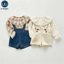 Новорожденная одежда весенние осень детские девочки мальчик одежда Roupa Infantil длинные рукава хлопковые топы рубашки + джинсы брюки детские наряды набор G1023