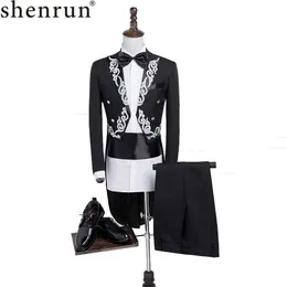 Shenrun Men Tailcoat Slim Fit Suit Fashion Texudo Guld Silver Broderi Lapel Stilfull Bröllop Grooms Party Prom Stage Costumes X0909