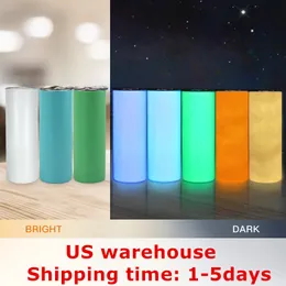 US Shipping! 20oz STRAIGHT Sublimation Glow Tumblers White Glows Red Yellow Green Blue In The Dark Stainless Steel Water Bottles Double Insulated Drinking Cups A12