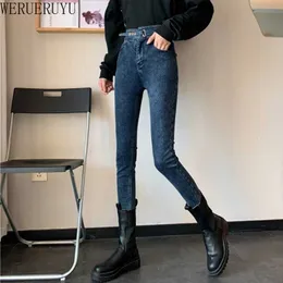 WERUERUYU Enge elastische Jeans Damen Füße Hosen Herbst Winter Vintage Hohe Taille Denim Hosen Frauen 210608