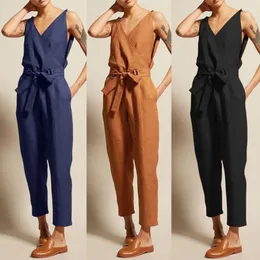 Women Overall Casual Rompers Sleeveless V-Neck Belt Slim Plus Size Jumpsuit Linen Long Playsuit Sexy Bodysuit Mono Mujer Verano