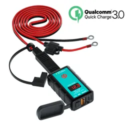 Motorcycle Waterproof Mobile Phone Charger QC3.0 Square Type-c + USB Super Fast Charging Voltmeter with SAE Wire Wroup