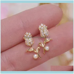 Серьги из шарма ювелирные украшения изысканный CZ Rose Flower Женщины Серьга Shine AAA Циркон 14K настоящий золото -богемия Свадьба Свадьба на день рождения доставка доставки