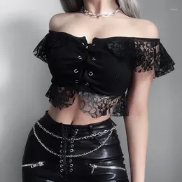 Kobiety Lato Topy Gothic Solid Lace Bandaż Krótki Rękaw Bluzka Off Casual Casual Femme Camisa Feminina Damskie Bluzki Koszule