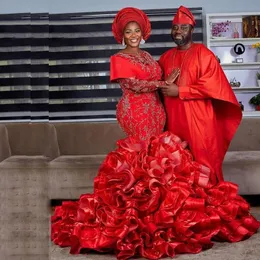 Aso Ebi Red Mermaid Wedding Dresses With Ruffles Bottom Long Sleeves Appliques Bead Formal Bridal Party Gowns Plus Size robe de soirée