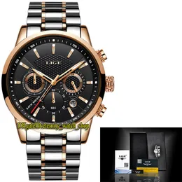 LIGE eternity LG9866 Sport Mens Watches Date Black Dial Japan VK Quartz Chronograph Movement Men Watch alloy Case Rose Gold Bezel Two Tone Bracelet