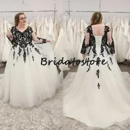 Vintage Plus Size Hochzeitskleid 2022 mit schwarzer Spitze Langarm V-Ausschnitt Boho Brautkleider Frauen A-Linie Korsett Brautkleider Gothic Bohemian Bride Guest Wear