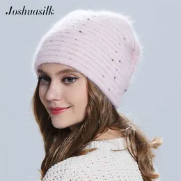 Joshuasilk winter Women hat Butterfly knitted wool angora Striped s With Gold decoration cap Double warm 211228