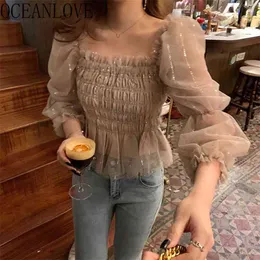 Oceanlove Chiffon Blusa Mulheres Tops Sólidos Pescoço Puff Manga Primavera Doce Camisas Ruffles Lantejoulas Blusas Mujer Ins 210719