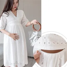 Delicate Hollow Out White Maternity Dresses Breast Feeding Dress Clothings Pregnant Women Loose Pregnancy Clothes 210922