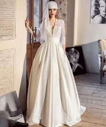 2021 Elegancka Arabska Ivory A-Line Suknie ślubne z kieszeniami 3/4 Z Długim rękawem Proste Koronki Satynowe Suknie Ślubne Długość podłogi Vestidos de Novia