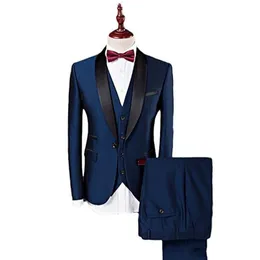 Navy Blue Wedding Tuxedos för Groom Wear Black Shawl Lapel Trim Fit Tre Piece Business Män Passar Ny (Jacka + Vest + Byxor)