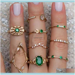 Band Rings 9 Pcs/Set Women Vintage Crystal Geometric Leaf Gold Joint Ring Set Bohemian Charm Party Wedding Jewelry Aessories Lover Gifts Dro