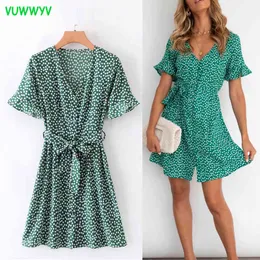 VUWWYV Green Floral Mini Dresses for Women Summer Prairie Chic Bow Belt Woman Dress Short Puff Sleeve Retro Vestidos 210430