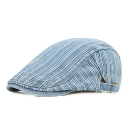 Mode Denim Striped Peaked Cap Konstnärlig Ungdom Förskott Keps British Retro Beret Män Kvinnor Flat Newsboy Driving Hat Travel Sunhat