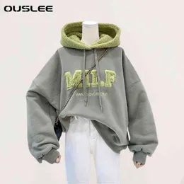 Ouslee Mode Patchwork Oversize Sweatshirt Kvinnor Vinter Casual Loose Bomull Tjock Brev Långärmad Hoodies Kvinna Streetwear 211108