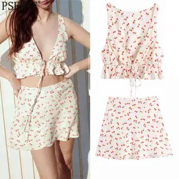 Summer Women Sets Spódnice Garnitury Cherry Print Rękaw Crop Top Wanna Outfits High Waist Mini Spódnica Zestaw 210519