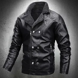 Män höst vinter läderjacka vända ner krage vintage motorcykel svart läderjacka förtjockad varm kappa biker coat männen 211009