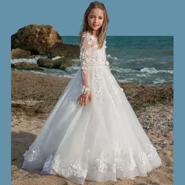 2021 Elegancki Cute Flower Girl Sukienki Tulle Długi Rękaw Na Wesela Aplikacja Dzieci Suknie wieczorowe Pierwsza Komunia Suknie