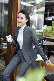Ternos comerciais formais e elegantes de mulheres cinzas com calças e jaquetas Coat 2021 Spring Autumn Ladies Office Work Wear Blazers Definir duas lotes femininas