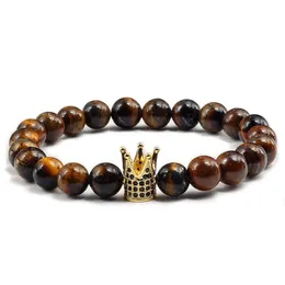 Trendy Schwarz Lava Matte Naturstein Armband Stränge Charme Pflastern CZ Kaiserkrone Tigerauge Perlen Männer Armbänder Armreifen Frauen schmuck