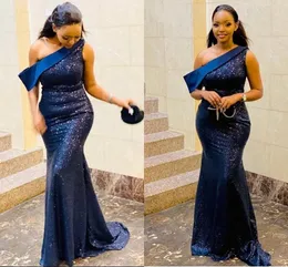 Sparkle Navy Blue Mermaid Evening Dresses One Shoulder Sweep Train Sequined Women Formal Prom Party Gowns Special Occasion Gown Vestidos de Fiesta
