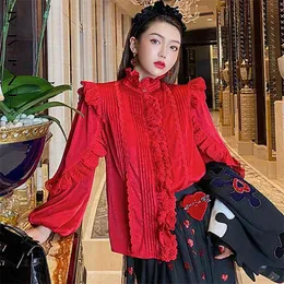 Temperament Handmade Lace Blouse Women's Spring Stand Collor Loose Chic Button Puff Sleeve Shirt Female 5C23 210427