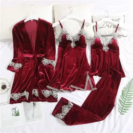 JULY'S SONG Women Velvet Pajamas Set 4 Pieces Warm Sexy Lace Winter Sleepwear Sling Nightdress Homewear Plus Size Robe 211112