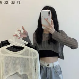 WERUERUYU Women Summer T Shirts Super Short Sexy Long Sleeve See Through Tops Solid Korean Style Clothes 210608