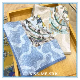 KMS Romantic Blue Scarf 100٪ Twill Silk يد يد توالت حواف الرمال غسلها لينة الصديقة الجلد شال التفاف الحجاب 140 * 140 سنتيمتر / 95 جرام Q0828