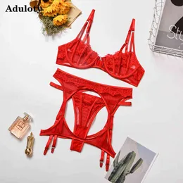 Aduloty New women's lace mesh stitching underwear set underwire bra garter belt thong thin section see-through erotic lingerie X0526