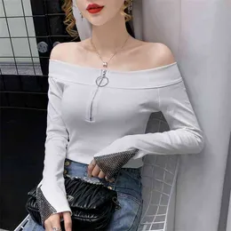 Wwenn Sexy Slash Neck Off Shoulder Women Tops Långärmad T-shirt Kvinna Slim Solid Tjejer Diamanter Zipper White Shirts 210507