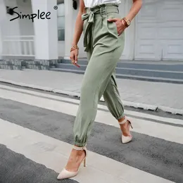 Simple Sólida Cintura Alta Calças Casuais Estilo High Street Lace-Up Primavera Verão Mulheres Calças Moda Loose Longo Harem Calças Novo 210319