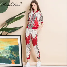 Mode Runway Designer Sommar Slim Leopard Print Set Kvinnors Kortärmad Jacka Toppar och Pant 2 Två Pieces Suit 210524