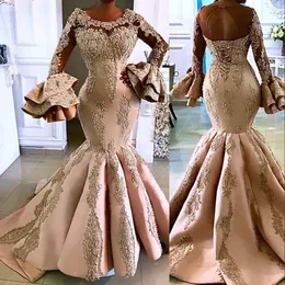 2021 Arabiska Aso Ebi Champagne Lyxiga Mermaid Prom Klänningar Lace Crystal Beaded Aftonklänning Långärmad Formell Party Andra reception