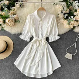 Summer Fashion Vestidos Female Hollow Lapel Horn Sleeves Waist Straps Show Thin Temperament Mini Shirt Dress GK236 210506