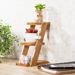 Sadzarki Doniczki 3-Tier Square Bamboo Taca Stoisko Soczyste Kaktus Kwiat Pot Holder Planter X9FA