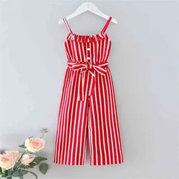 Sommar barnkläder kostym suspenders randig midja bantning jumpsuit tjejer i 2-6 år gammal 210515