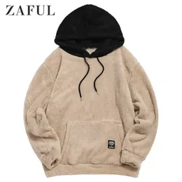 Inverno Colorblock Splicing Faux Pele Fluffy Hoodies Homens Manga Longa Pulôver Mulheres Moletons Cordão Tops Casual Hoodie 210707