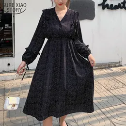 Koreanische Midi Lange Chiffon Kleider Frauen Frühling Dot Print Süße V-ausschnitt Hohe Taille Robe Mujer 13194 210427