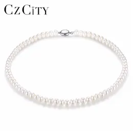 CZCITY 100% 925 Silver for Women 7-8mm Flawless Natural Freshwater Pearl Necklace Fine Jewelry Whole