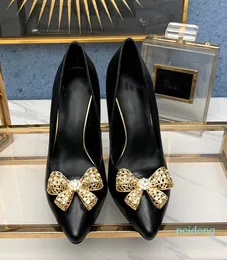 2022 Högkvalitativ designer Party Dress Shoes Bride Ladies Fashion Sexy Pointed Bow Sequins All-Match High Heels