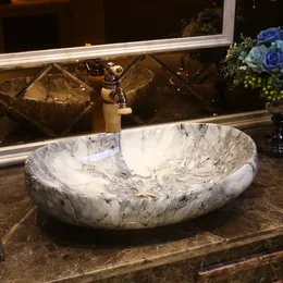 Oval Imitation marble Porcelain Cloakroom Round Wash Basin Lavabo Counter top Sink Vessel Bathroom Hand Paint Art Wash Bowl