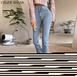 SHIJIA Chic Bell Denim Jeans Woman High Waisted Elastic Pants Light Blue Korean Clothes Street Flare Female 210922