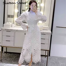 Turtle Neck Hollow Out White Dress Woman Spring Flare Sleeve Lace party female casual designer autumn clothing 210603