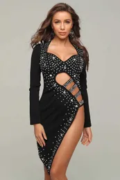 Women Sexy Designer Cristal Beading Black Rayon Bandage Dress Elegant Evening Night Club Celebrity Chic Vestido 210527